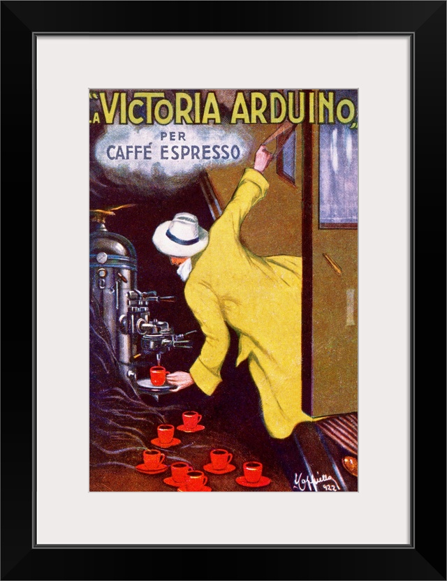 Huge vintage advertising art has a man leaning out of an open train door to get a cup of espresso.   The company name and ...