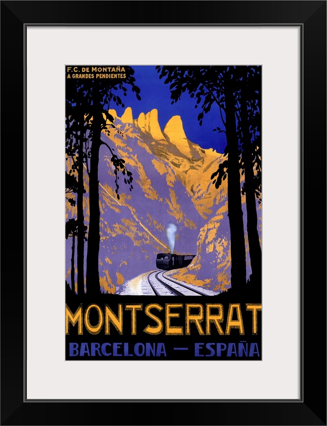 Vertical, vintage advertisement on a large canvas for Montserrat, Barcelona Spain.  A steam train rides forward on tracks ...