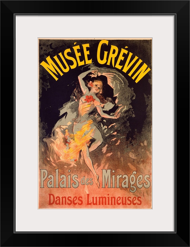 This Art Nouveau poster is advertising an entertainment venue with a woman dancing on stage with flowing fabric swirling a...