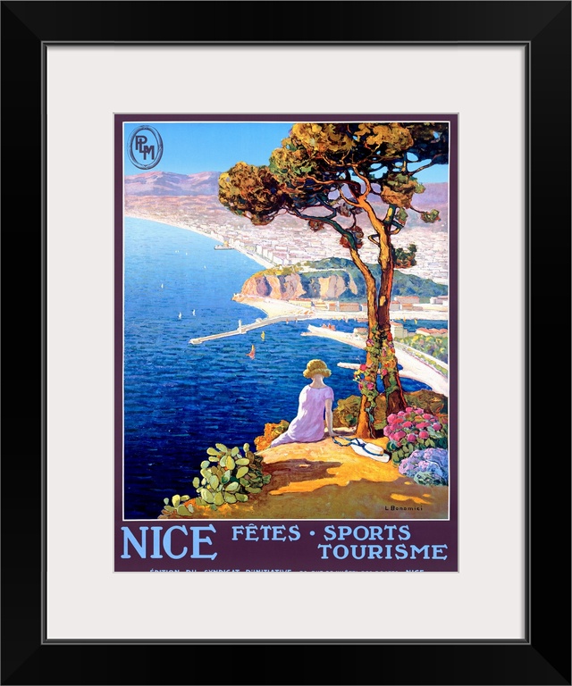 Vertical, large vintage advertisement for the Festival of Sports and Tourism in Nice.  Woman sitting next to a tree on a h...