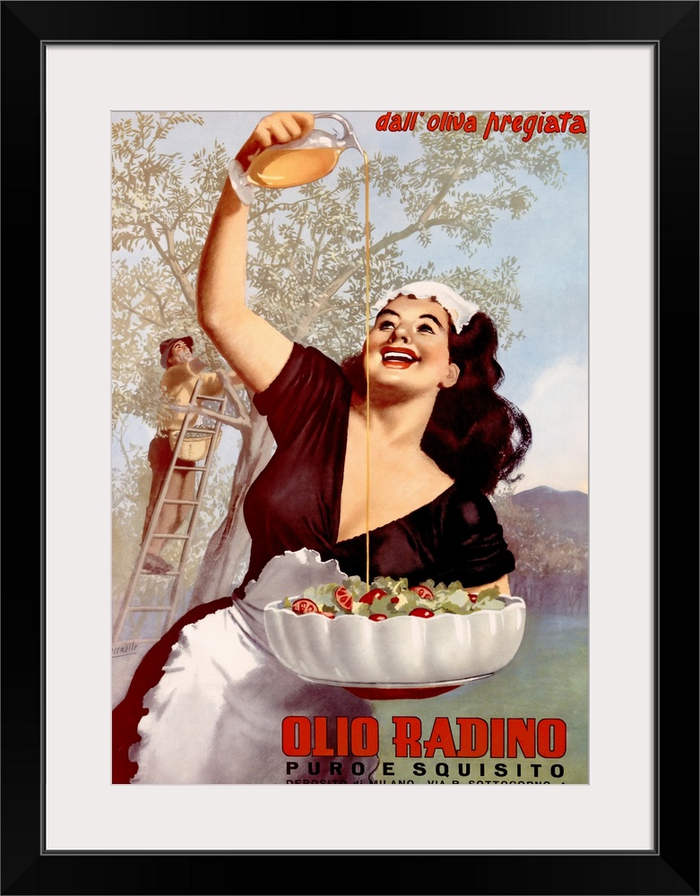 Classic advertisement for Olio Radino cooking oil featuring a woman pouring cooking oil onto a salad in a bowl as a man on...
