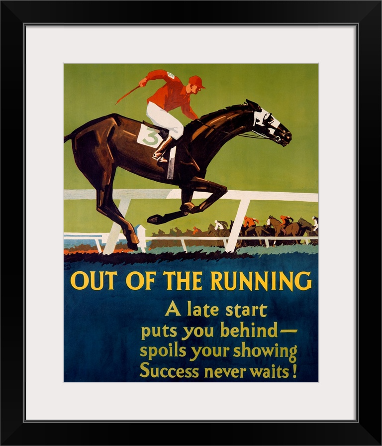 This antique artwork shows an illustration horse and jockey far behind the rest of the racers. The text at the bottom of t...