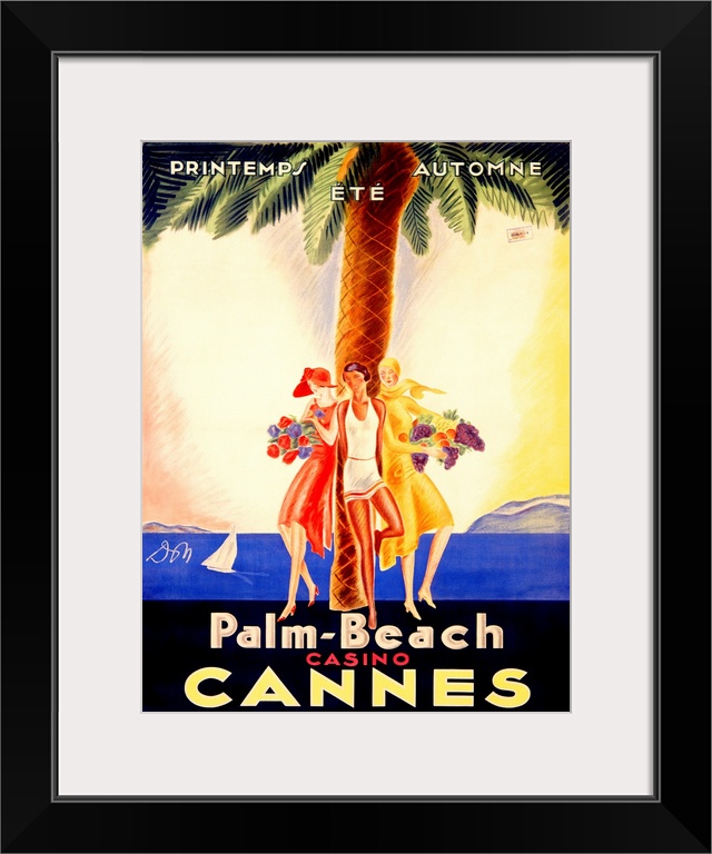 Old stylized travel poster for a casino in France with three women leaning against a palm tree and ocean water with a sail...