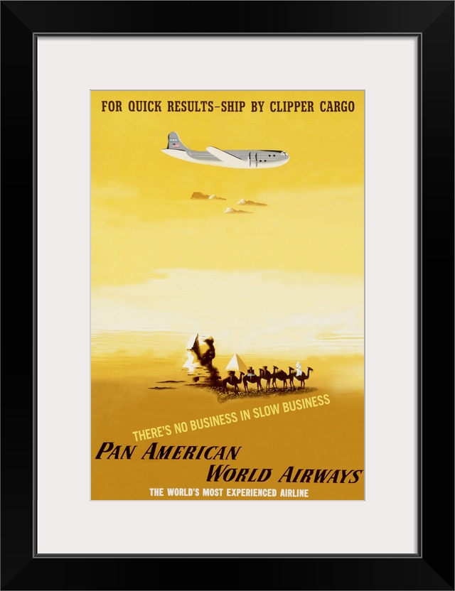 This is a vertical retro advertisement of a cargo plane flying over a drawing of the Sphinx and camels in the desert to il...