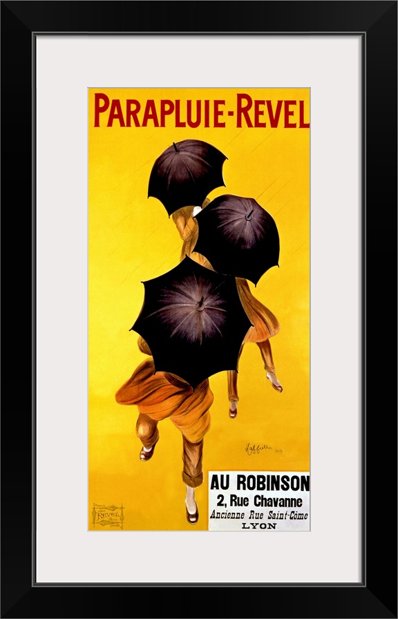 Vertical, big vintage advertisement of Parapluie Revel, three people dancing in the rain, their faces hidden by open umbre...