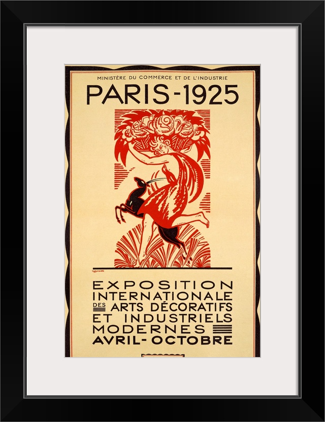 Antique art work of advertising piece showcasing an event in Paris, France.  The poster features a woman running with a ba...