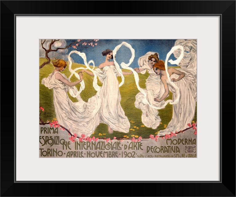 Vintage poster of four woman in toga like dresses dancing in a Spring field.