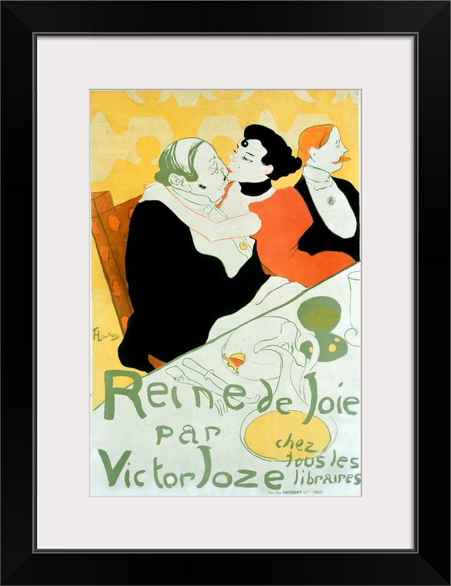 Old advertising poster with a couple kissing at a dinner table.  The artist is know for his spirited and vibrant depiction...