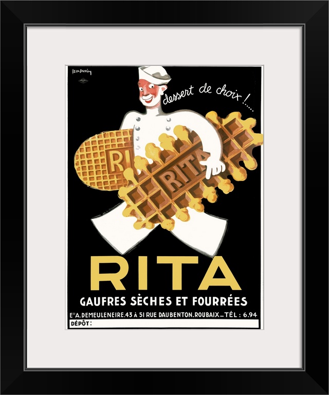 Antique advertising poster for French dessert.  There is an image of a smiling chef carrying two oversized cookies covered...