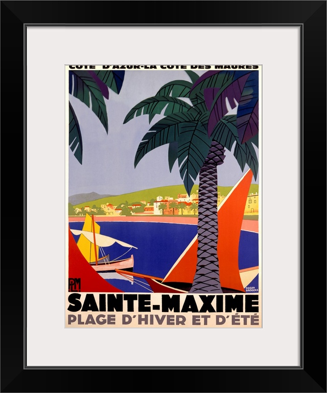 Vertical, large vintage advertisement for Sainte-Maxime, France.  Palm trees over a body of water with several boats in it...