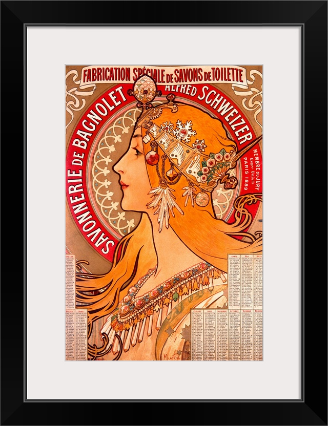Large, vertical vintage art poster with French text, of the profile of a woman with long golden hair, wearing a very detai...