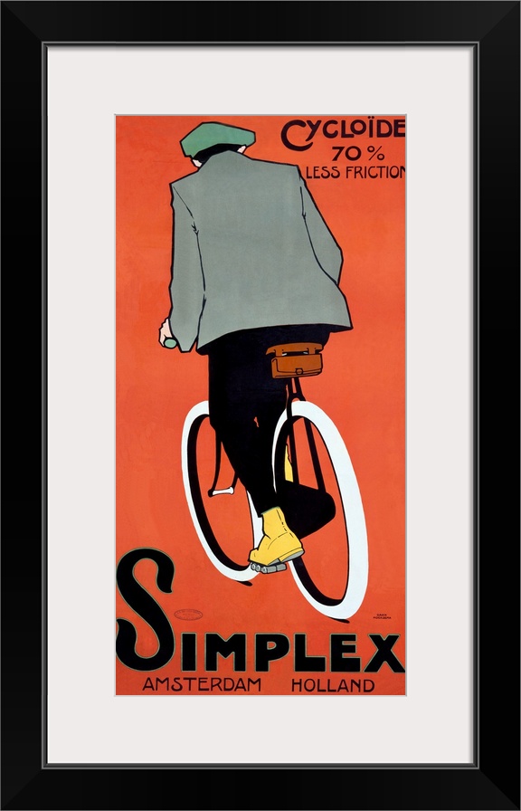 Panoramic antique advertising art incorporates a man riding a bike in front of a bare backdrop.  Text for the advertisemen...