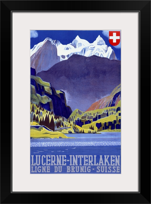 Giant antique art displays a travel advertisement for a destination within the mountains of Switzerland.  Text for the adv...