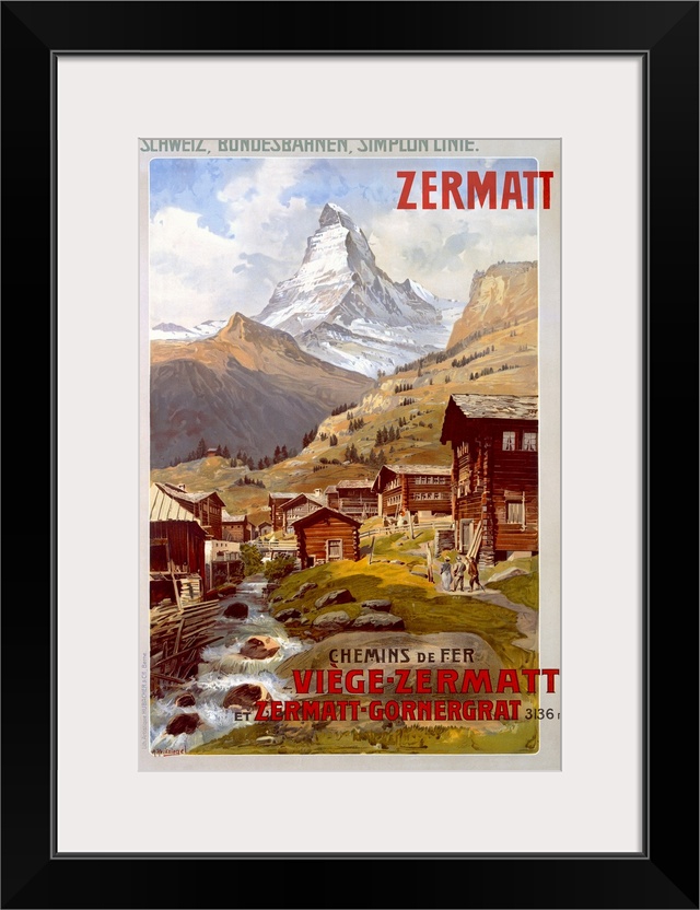 Vertical vintage poster, advertising the Swiss Alps in Zermatt.  Mountains behind a small village in the foreground with a...