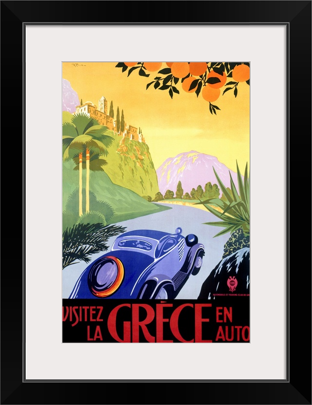 Big antique advertising art for traveling through a country in Europe by car.  The car in the foreground journeys down a w...