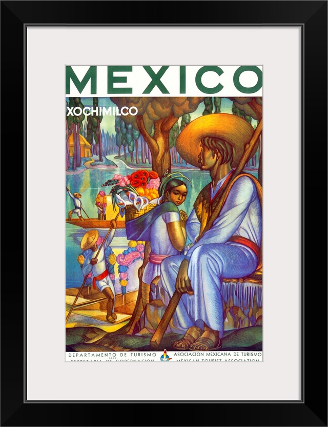 Vintage Mexican tourist poster  with several men pushing boats through the water with long poles and woman carrying flowers.