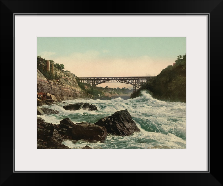 Hand colored photograph of whirlpool rapids, looking up Niagara.