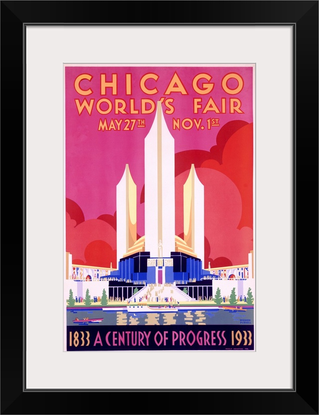 This early 20th century poster makes use of modern san serif typefaces, bold color palettes, and geometric shapes to entic...