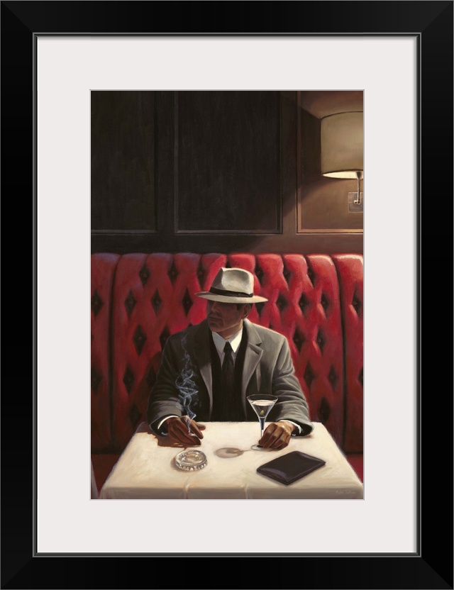 Contemporary painting of a man at a restaurant looking sideways.