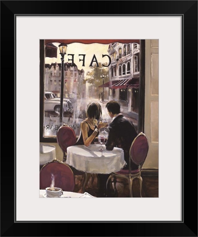 Contemporary painting of a couple sitting in a cafe and gazing out the window at the world moving by.