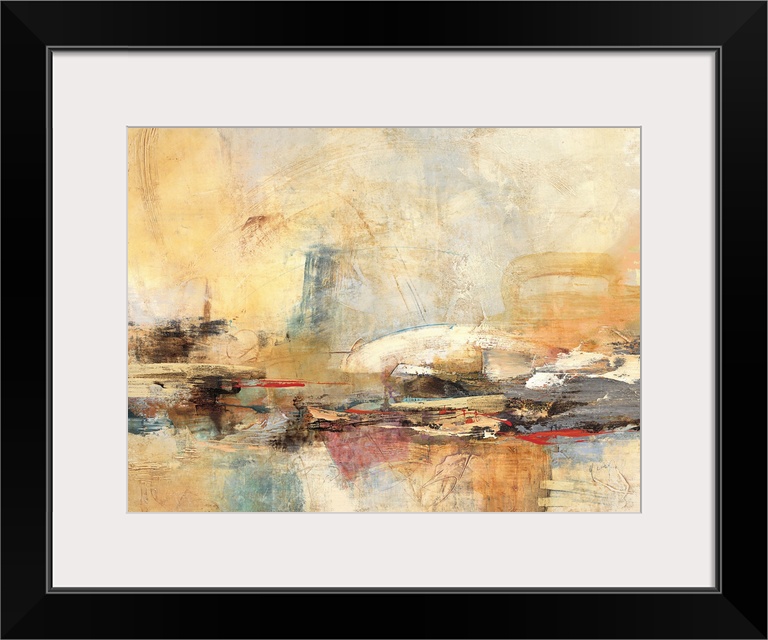 Contemporary abstract art print in earthy shades of orange and grey with heavy brush textures.
