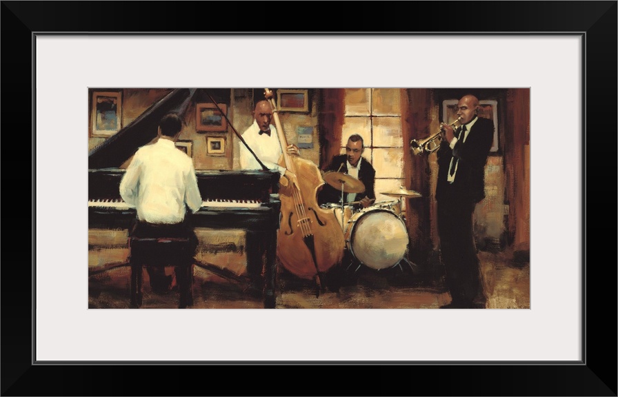 Contemporary painting of a group of jazz musicians, including a trumpet plater, a drummer, a bassist, and a pianist.