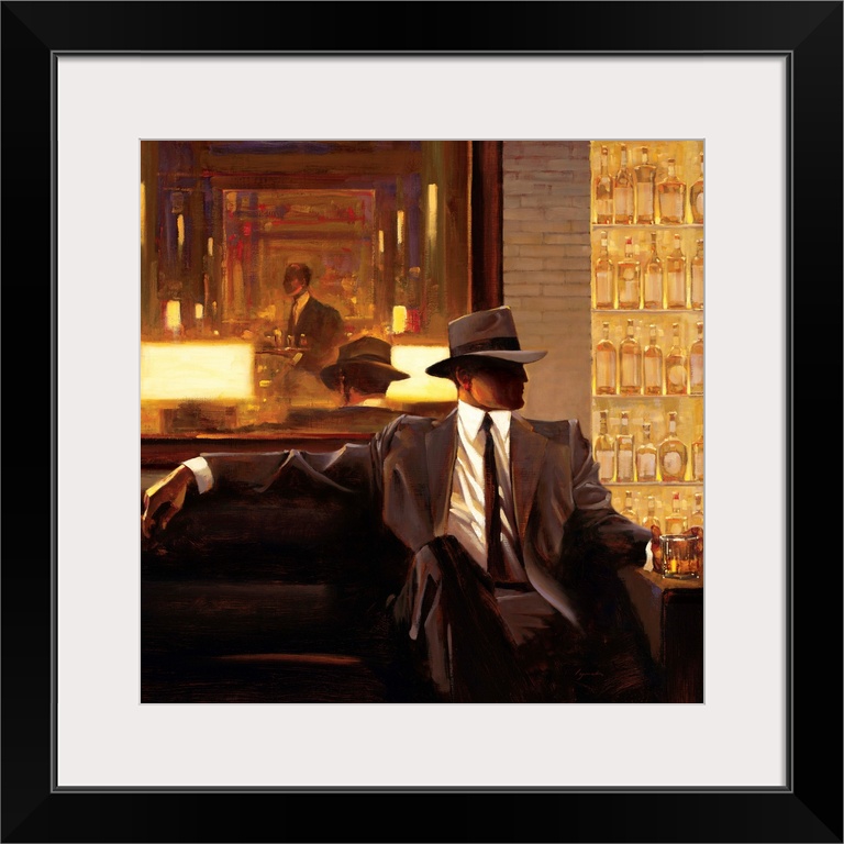 Contemporary painting of man wearing a suit and hat sitting on sofa in a lounge holding a drink in his hand.