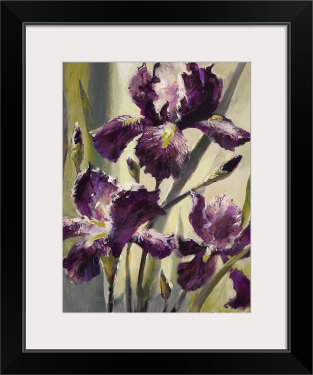 Contemporary painting of three purple iris flowers.
