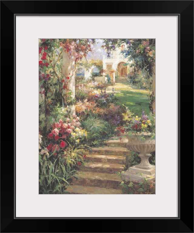 Contemporary painting of a peaceful garden pathway with stairs.