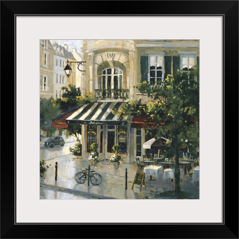 Contemporary painting of a city street corner antique shop.