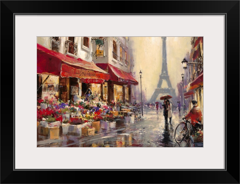 Contemporary painting of a view of the city streets of Paris, with the Eiffel Tower in the background.