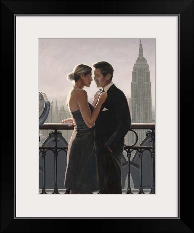 Contemporary painting of a man and woman in fancy dress on a balcony with the Empire State Building in the distance.