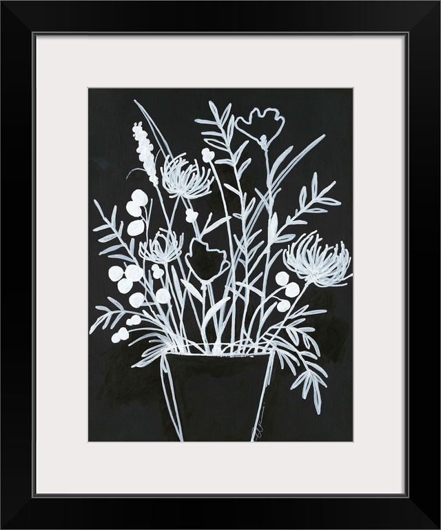 Simple black and white illustration of long-stemmed flowers in a vase.