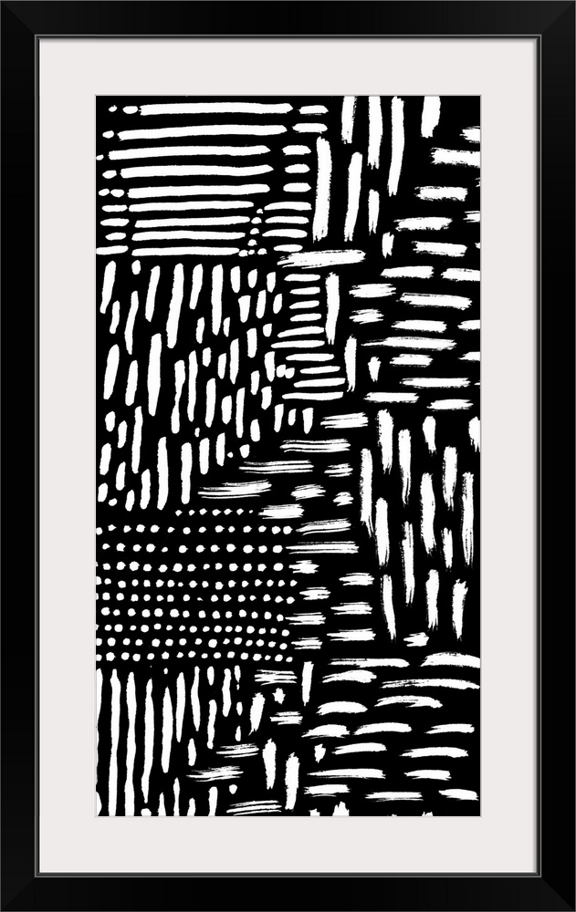 Abstract painting of several white strokes on black.