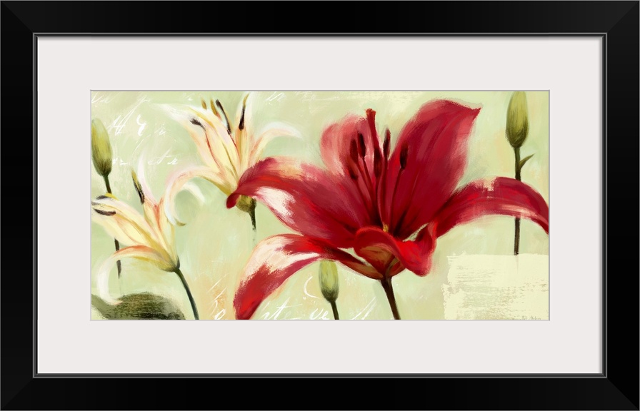 Home decor artwork of vibrant red and white lilies against a green background.
