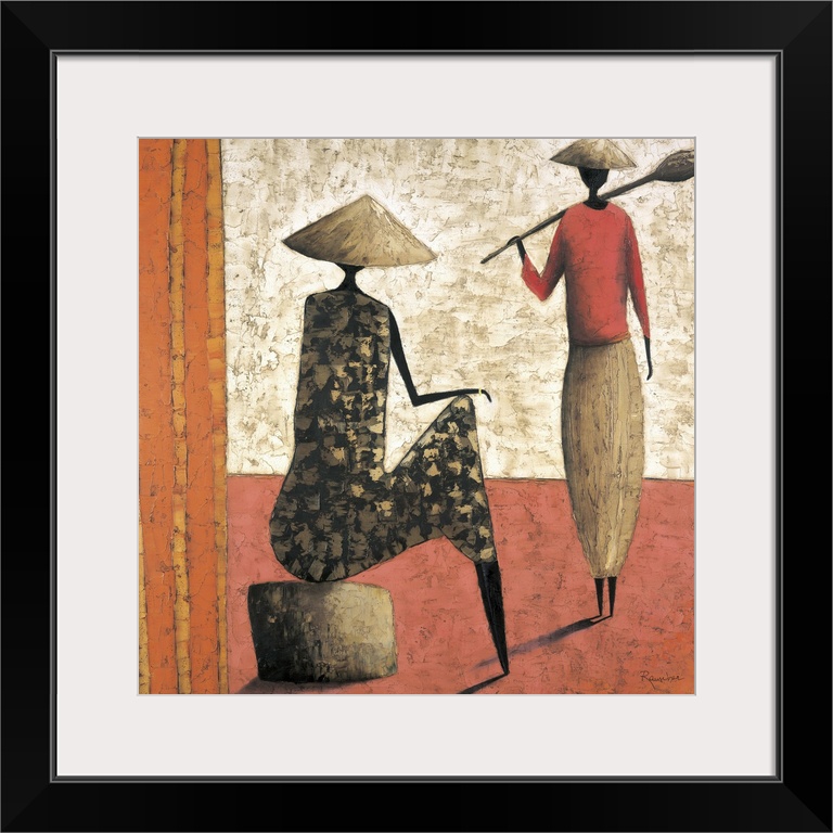 Contemporary painting of a tribal figures greeting each other.