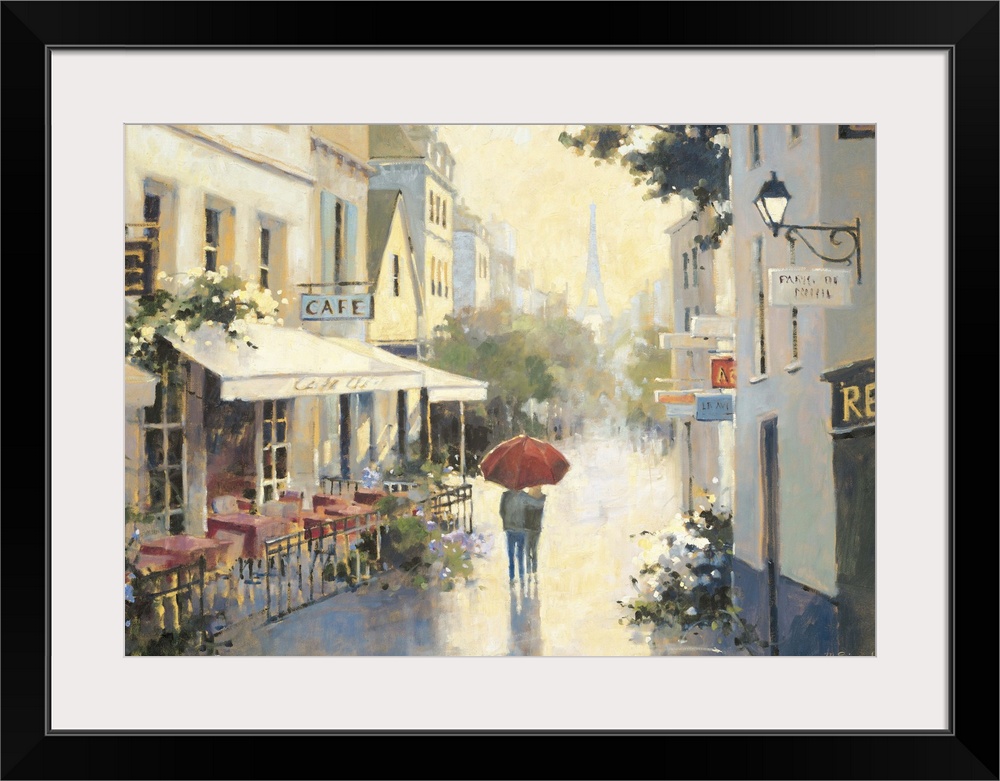 Contemporary painting of an embracing couple walking under a red umbrella through Parisian streets.