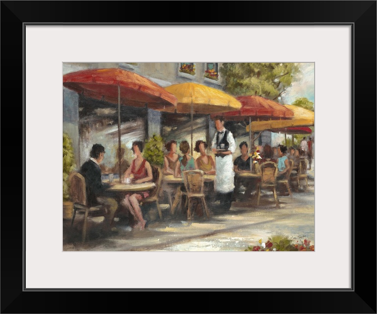 Contemporary painting of people dining at a cafe outdoors.