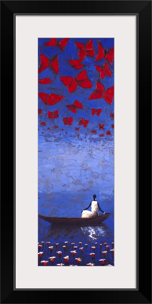 Painting of a figure sitting on a boat casting reflections in the water, with red butterflies overhead.