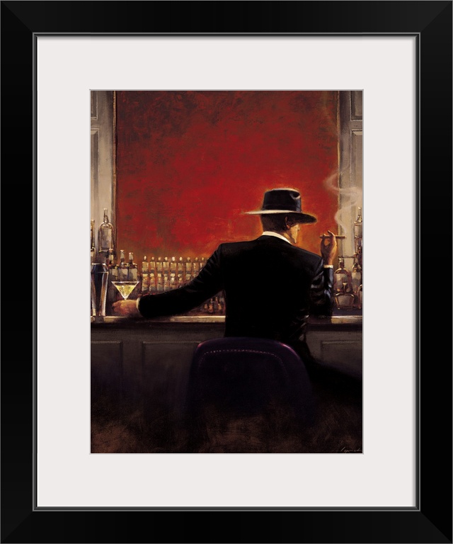 Contemporary painting of a man in a suit sitting at a bar with a vibrant red wall, with a cigar in one hand and a drink in...