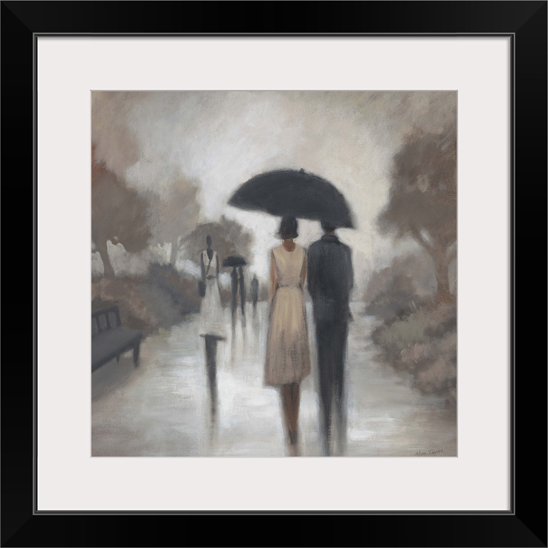 Contemporary painting of elongated figures walking through the rain under umbrellas.