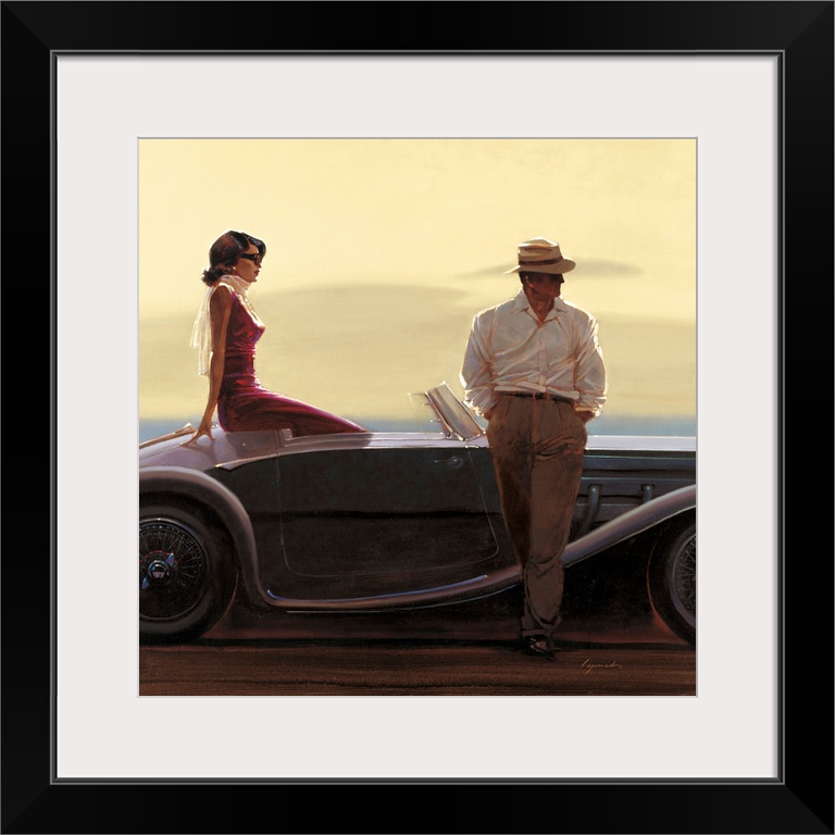 Contemporary painting of a woman sitting in the back of a vintage car, with a man standing outside the car leaning against...