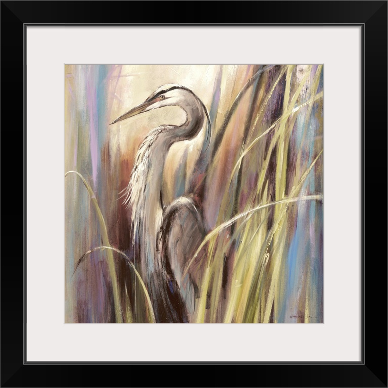 Contemporary painting of a heron standing a-midst tall grass.