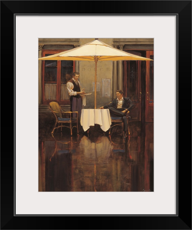 Contemporary painting of a man sitting at a table outside a bistro looking to his right.