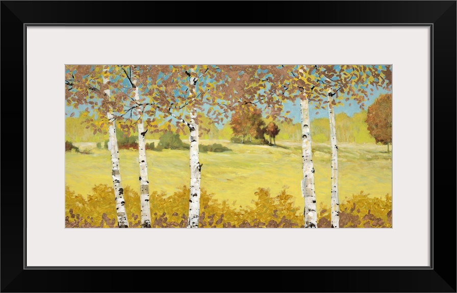 Contemporary home decor artwork of white birch trees in a green field.