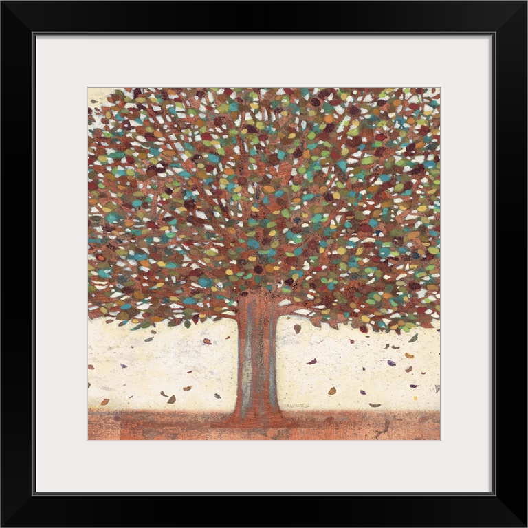 Contemporary home decor artwork of a big tree with bronze colored foliage.