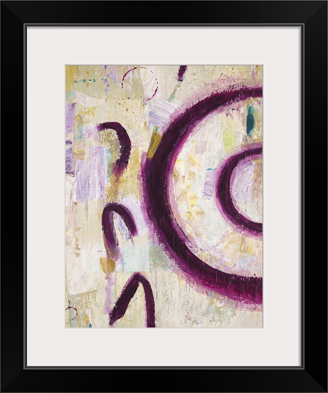 Abstract artwork of dark purple curved lines on beige.