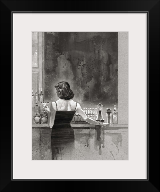 A painting done in gray scale of a woman in a dress standing at a bar, with a drink in her hand.