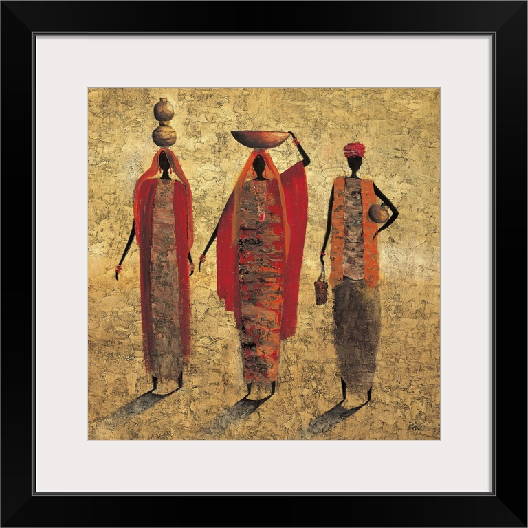 Contemporary painting of tribal figures carrying food and water on their heads.