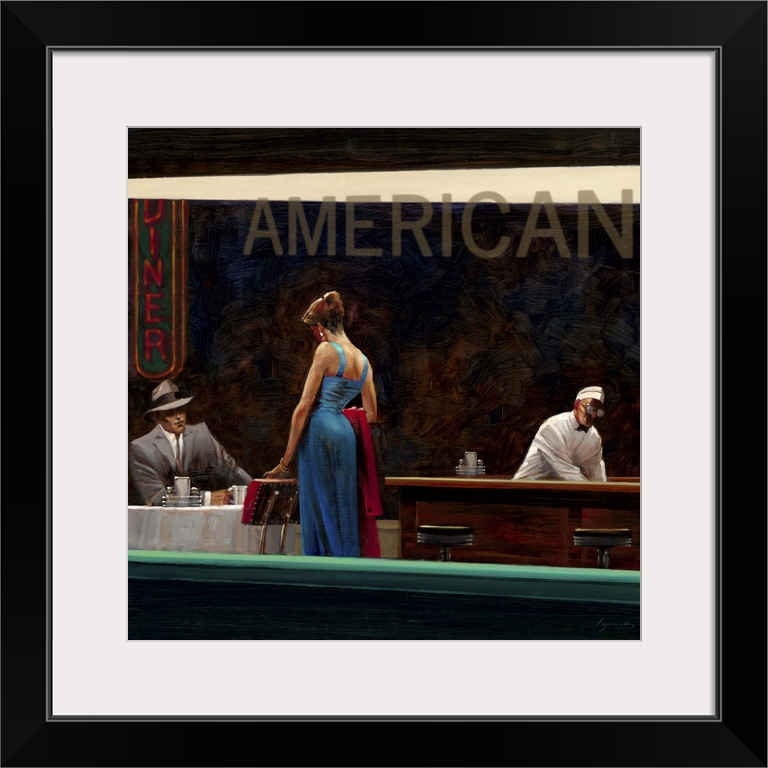 Contemporary painting looking through the window of a diner at night, with a woman in a blue dress approaches a man sittin...